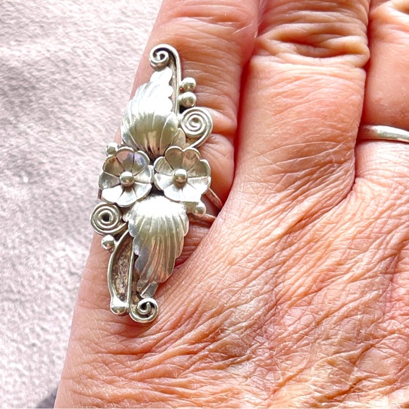 Vintage Signed Angela Lee Navajo Sterling Peyote Cactus Flowers Leaves Ring - Picture 3 of 9